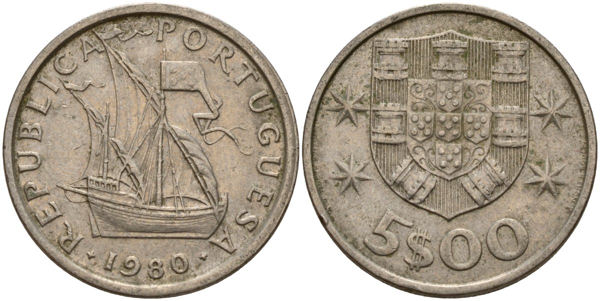 Португалия 5 эскудо 1980 KM 591 медно-никель 4156-546
