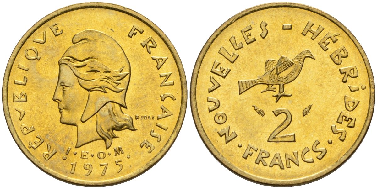 Французские Новые Гебриды 2 франка 1975 заморские территории KM 5.2 никель-латунь 4154-216