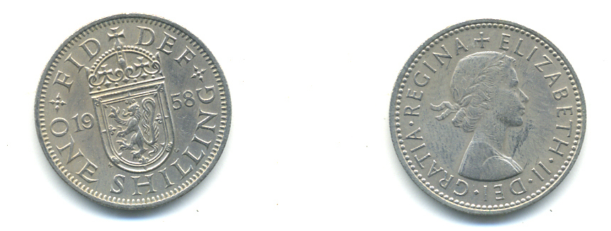 Великобритания 1 шиллинг 1958 Елизавета II (1952-2022), Шотландский герб KM 905, Spink 4148 медно-никель 83-725