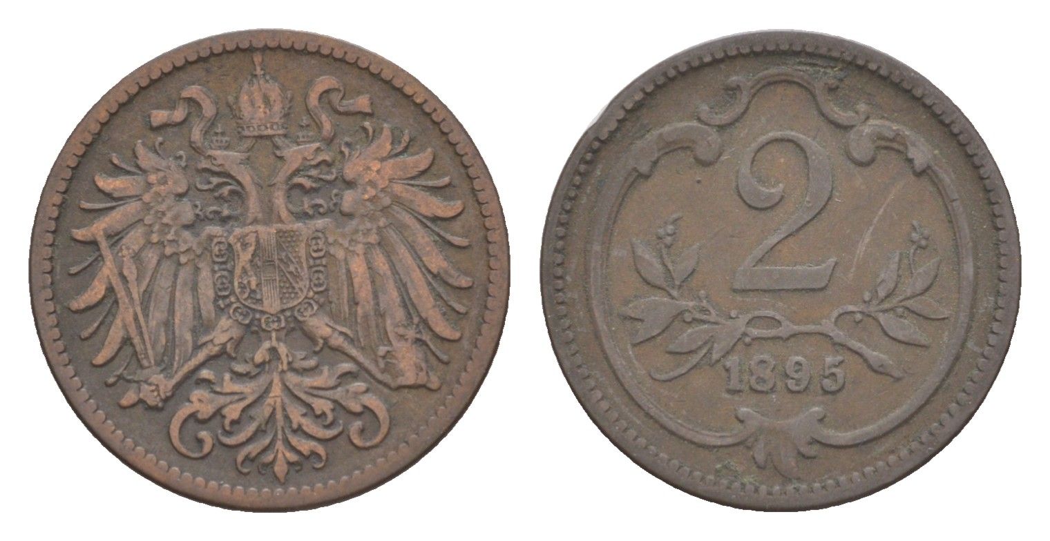 Австрия 2 геллера 1895 Франц Иосиф I (1848-1916) KM 2801 бронза 4639-969