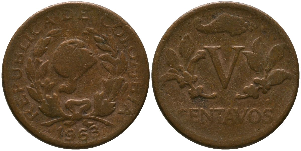 Колумбия 5 сентаво 1963 KM 206, Schon 27, Hernandez 382, Restrepo 370.26 медь 4576-1242