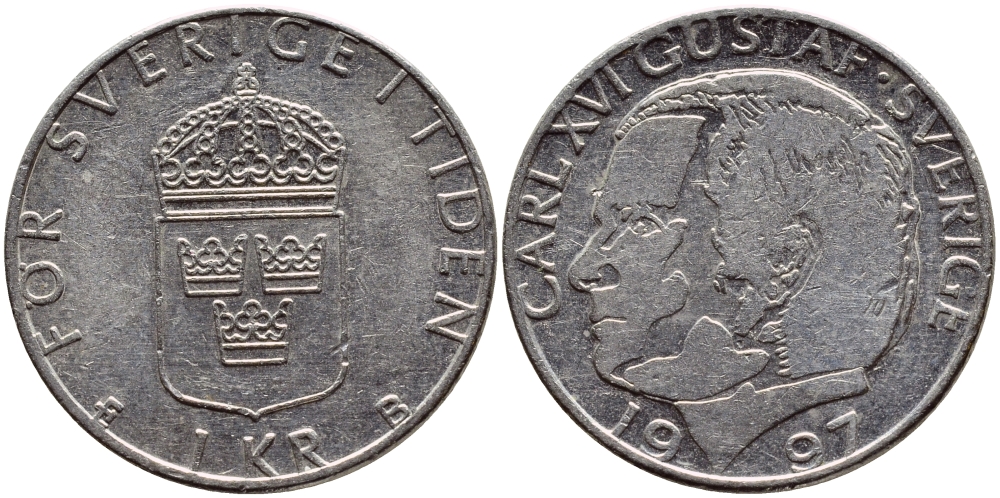 Швеция 1 крона 1997 Карл XVI Густав (1973- ) KM 852a медно-никель 4382-1012