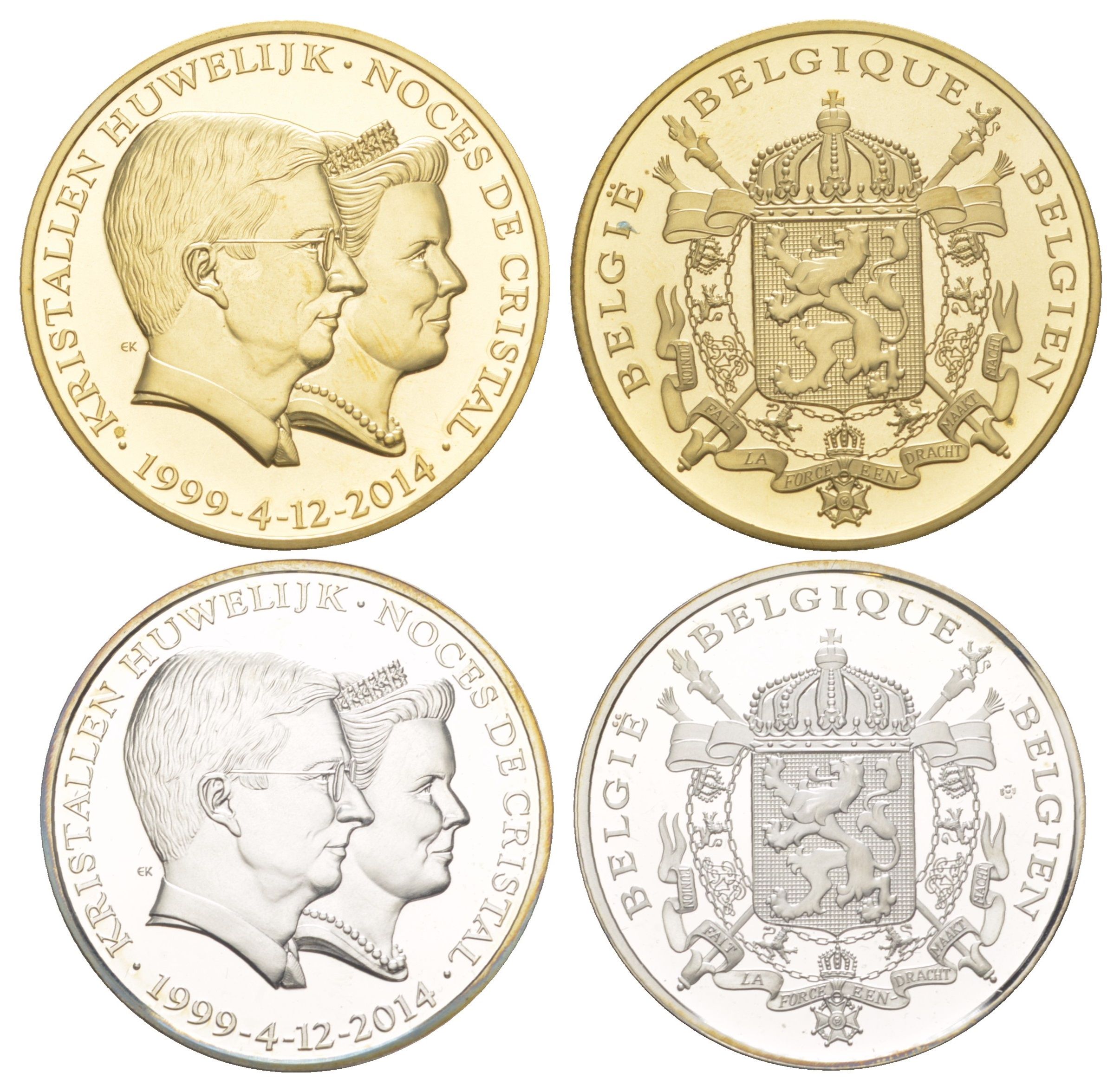 Бельгия подарочный набор из 2 медалей и 1 значка посвященная хрустальной свадьбе Филиппа I 2014 1 медаль - диаметр 37 мм, вес 22,85 гр, серебро; 2 медаль - диаметр 38,6 мм, вес 26 гр, серебро плакированная золотом; в красочной упаковке, дерево, с сертифик