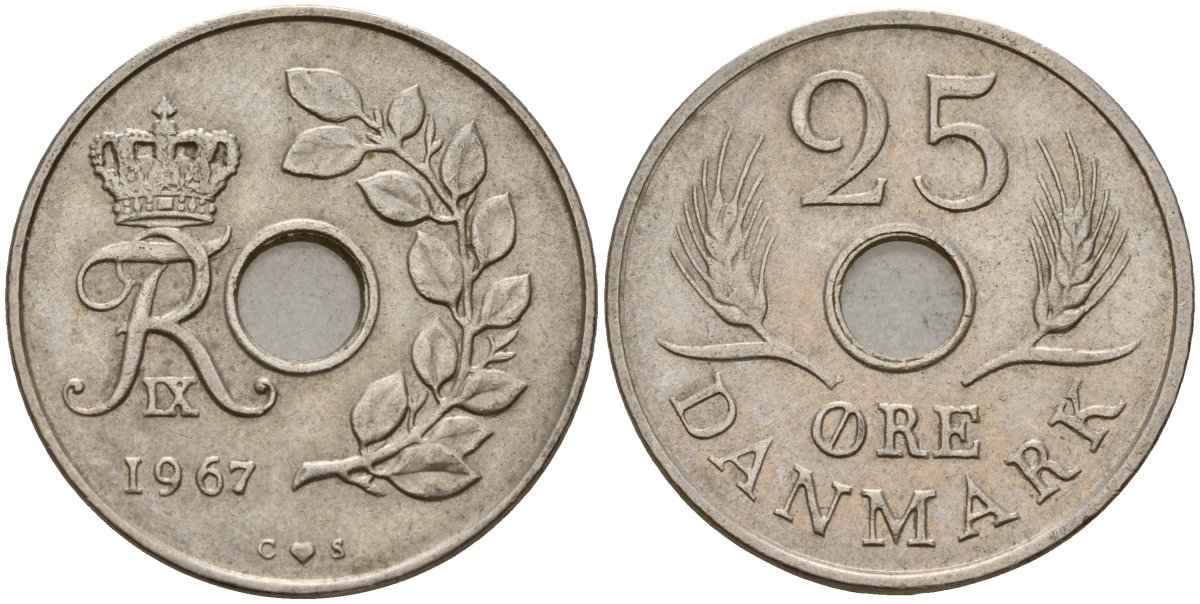 Дания 25 эре 1967 С; S, Фредерик IX (1947-1972) KM 855.1 медно-никель 4187-1152