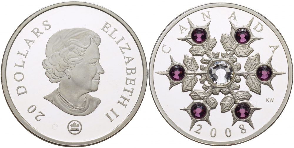 Канада 20 долларов 2008 Снежинка, Сваровски, аметисты KM 811 серебро PROOF 01-147-12
