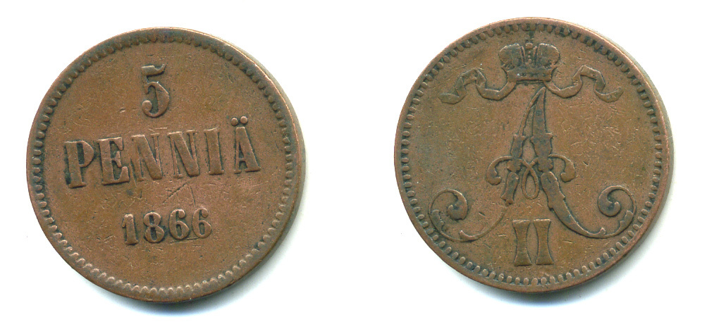 РОССИЯ ДЛЯ ФИНЛЯНДИИ 5 ПЕННИ 1866 АЛЕКСАНДР II KM 4.1, Биткин 658 медь 4381-412