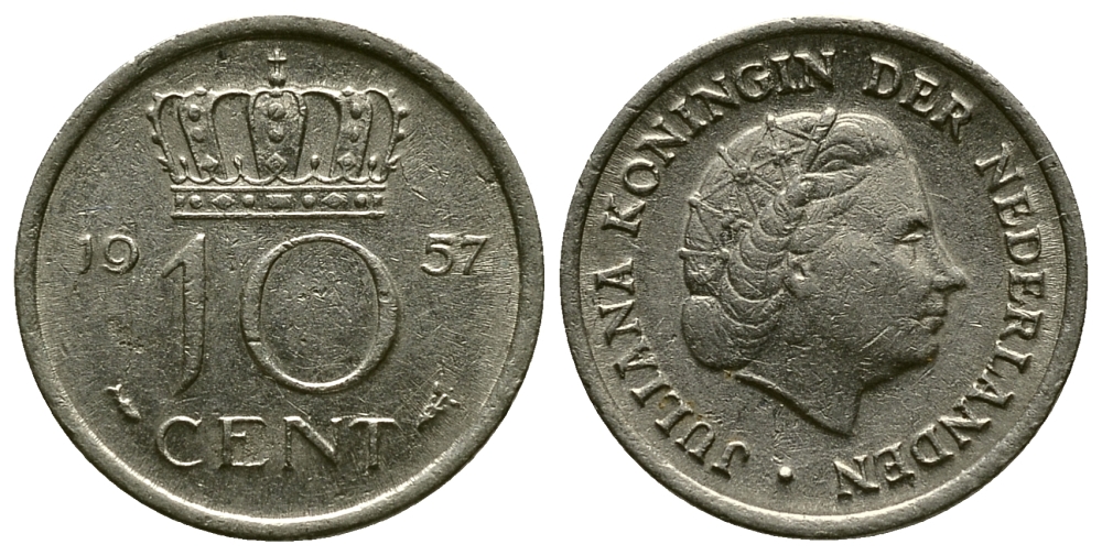 Нидерланды 10 центов 1957 Юлиана (1948-1980) KM 182 никель 45-1166