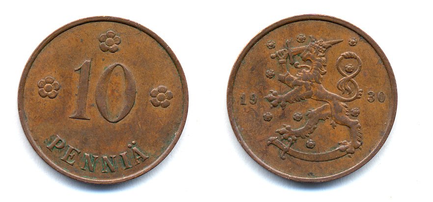 Финляндия 10 пенни 1930 республика (1918-1962) KM 24 медь 51-5317