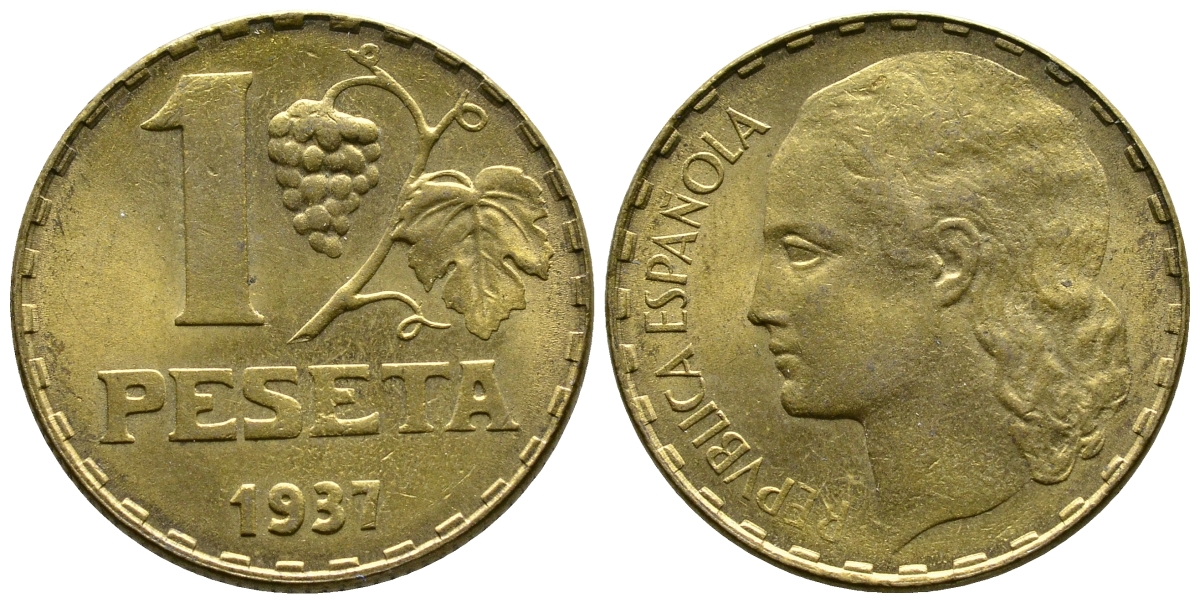 ИСПАНИЯ 1 ПЕСЕТА 1937 ВТОРАЯ РЕСПУБЛИКА (1931-1939) KM 755 латунь 3334-433