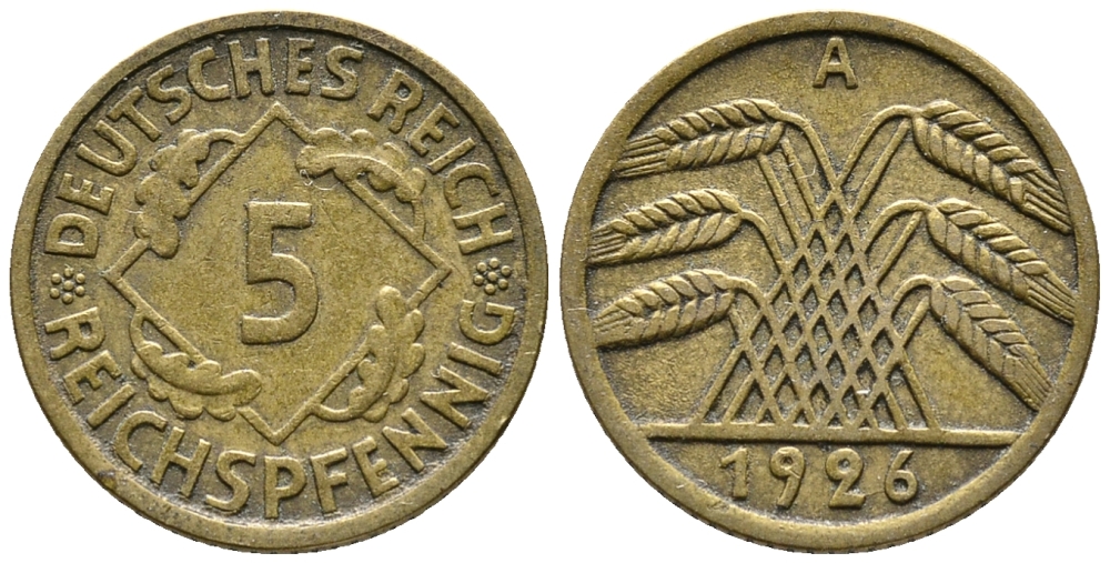 ГЕРМАНИЯ 5 РЕЙХСПФЕННИГОВ 1926 A KM 39, J. 316 алюминиевая бронза 39-562