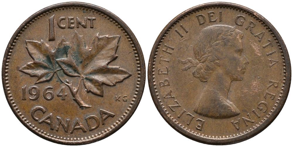 Канада 1 цент 1964 Елизавета II (1952-2022), кленовый лист KM 49 бронза 4549-358