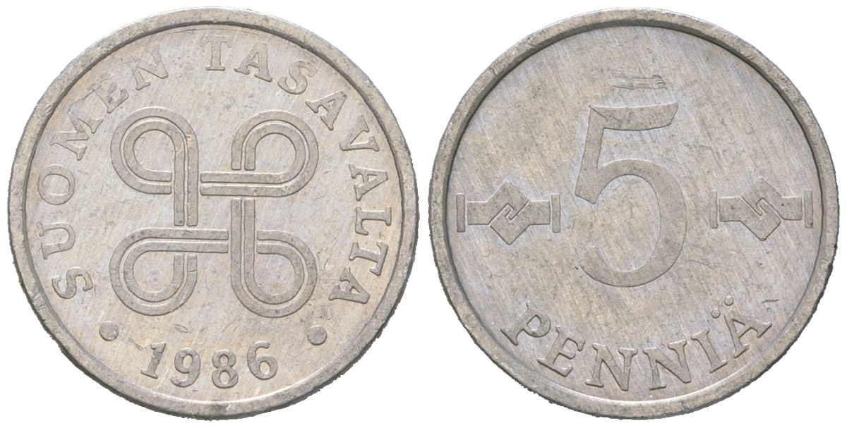 Финляндия 5 пенни 1986 KM 45a алюминий 4618-762