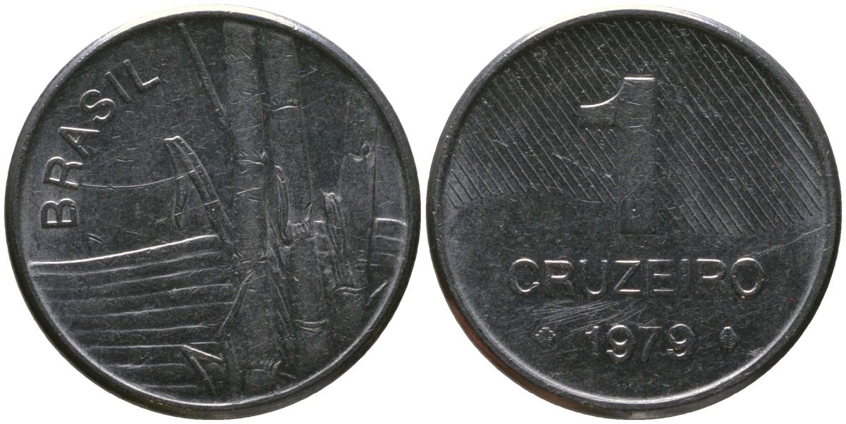 Бразилия 1 крузейро 1979 KM 590, Schon 99 нержавеющая сталь aUNC 4567-968