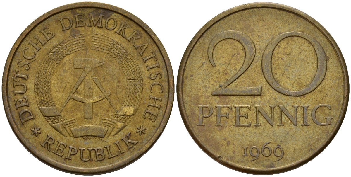 ГДР 20 пфеннигов 1969 A, первый год KM 11 латунь 92-834