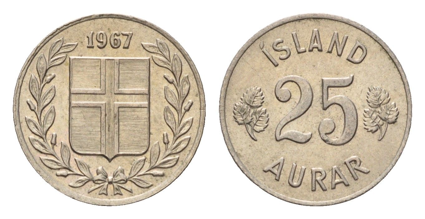 Исландия 25 эйре 1967 KM 11 медно-никель UNC 4690-645