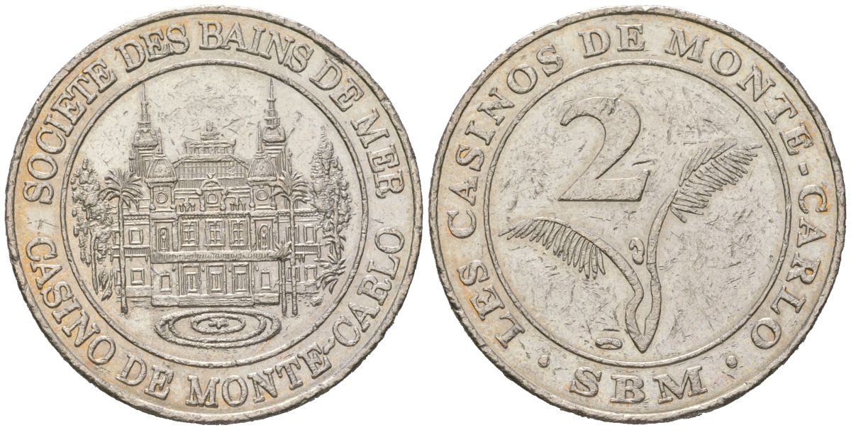Казино Монте-Карло в Монако 2 франка ND (2001-2002) вес 10,8 гр, диаметр 26,5 мм никель 92-141