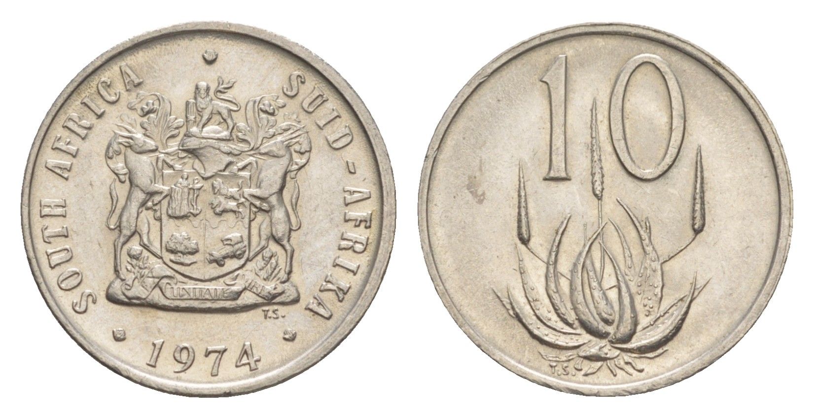 ЮАР 10 центов 1974 герб, цветок алоэ KM 85 никель UNC 4621-838