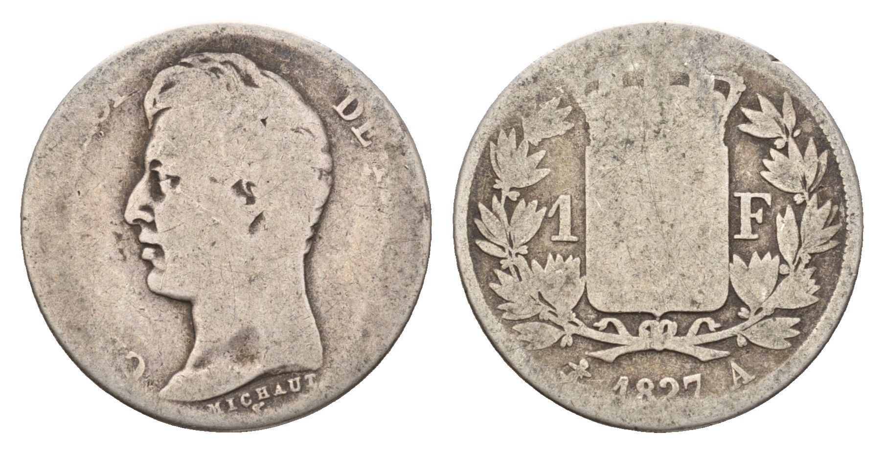 Франция 1 франк 1827 A, Карл X (1824-1830) KM 724 серебро 5010-1412