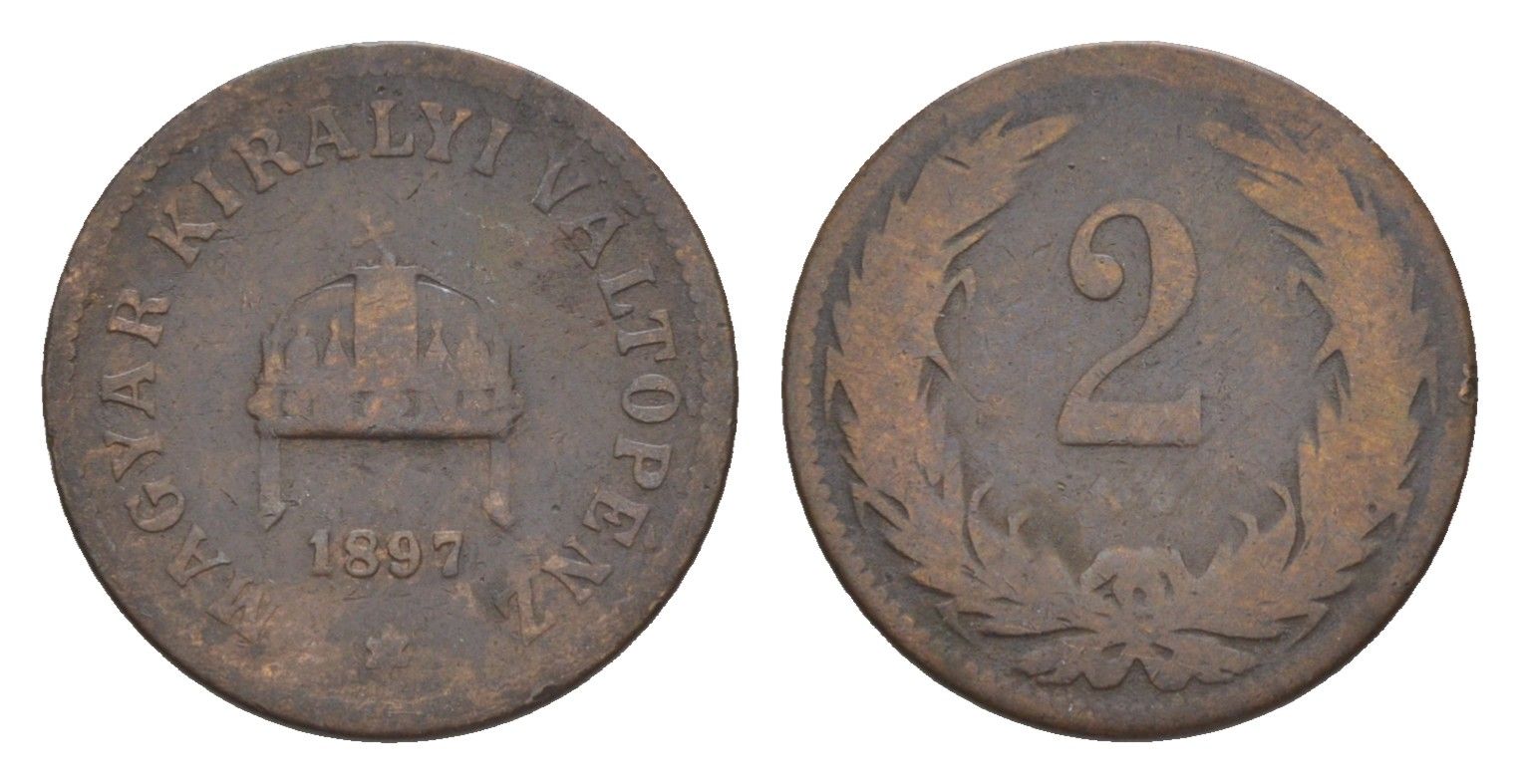 Венгрия 2 филлера 1897 KB, Франц Иосиф I (1848-1916) KM 481 бронза 4516-668