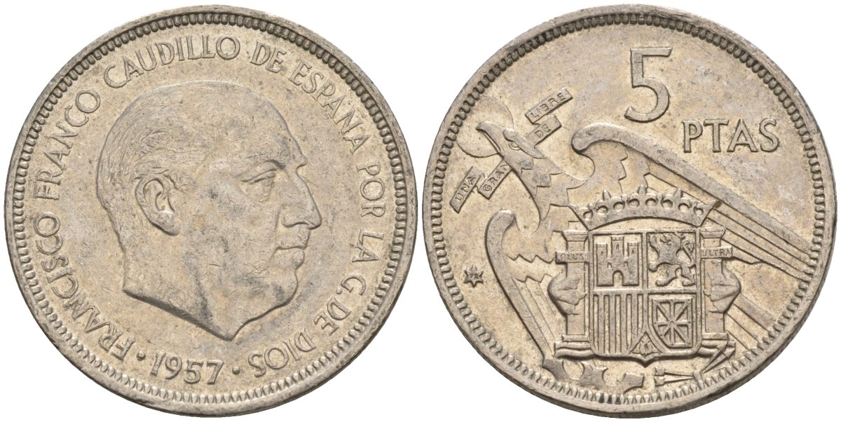Испания 5 песет 1957 (72) Франсиско Франко (1939 - 1975) KM 786 медно-никель 4155-612