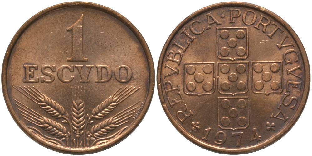Португалия 1 эскудо 1974 KM 597 бронза 181-354