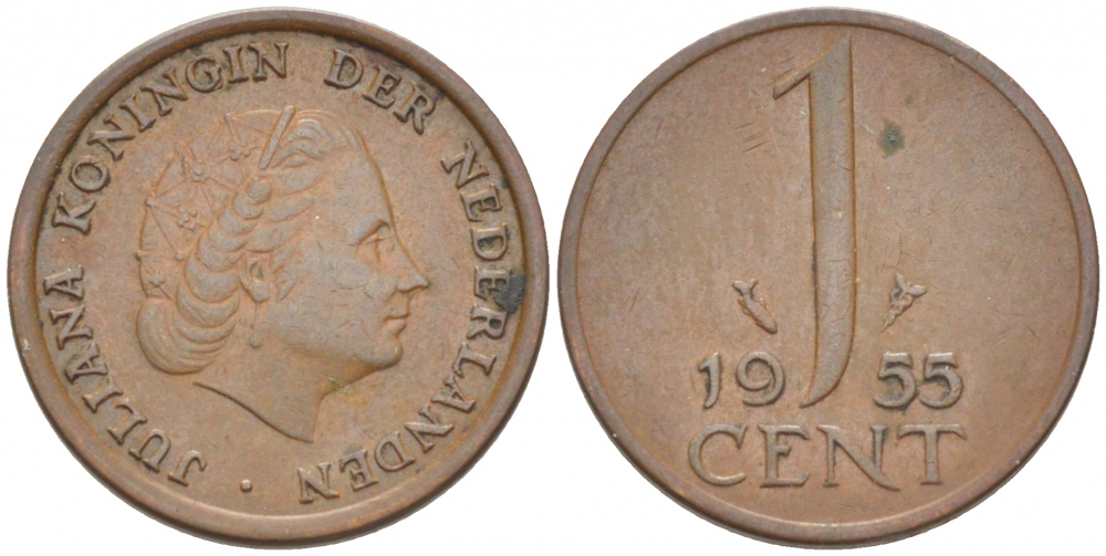 Нидерланды 1 цент 1955 Юлиана (1948-1980) КМ 180 бронза 3457-1164