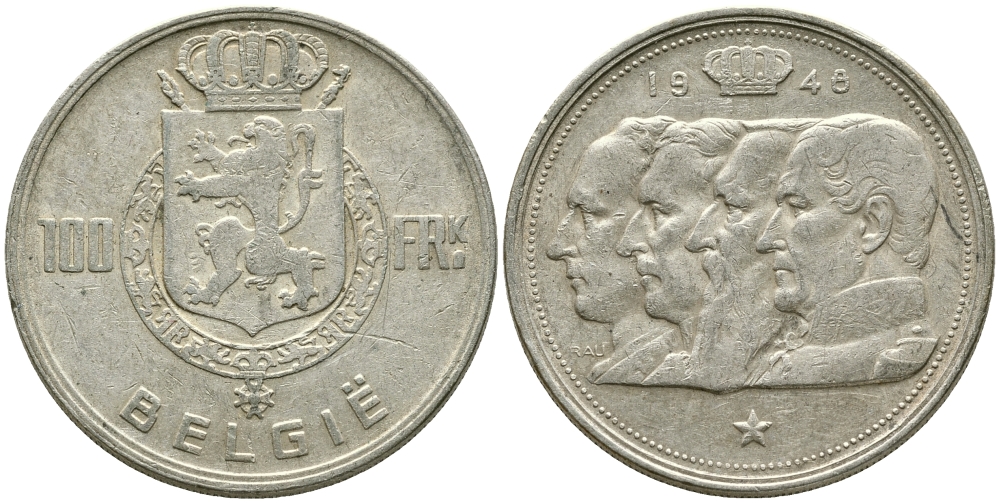 Бельгия 100 франков 1948 Belgie, королевская династия KM 139.1 серебро 1526-1325
