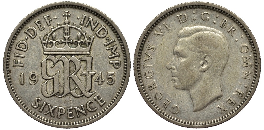 Великобритания 6 пенсов 1945 Георг VI (1936-1952) KM 852, Spink 4084 серебро 4538-557