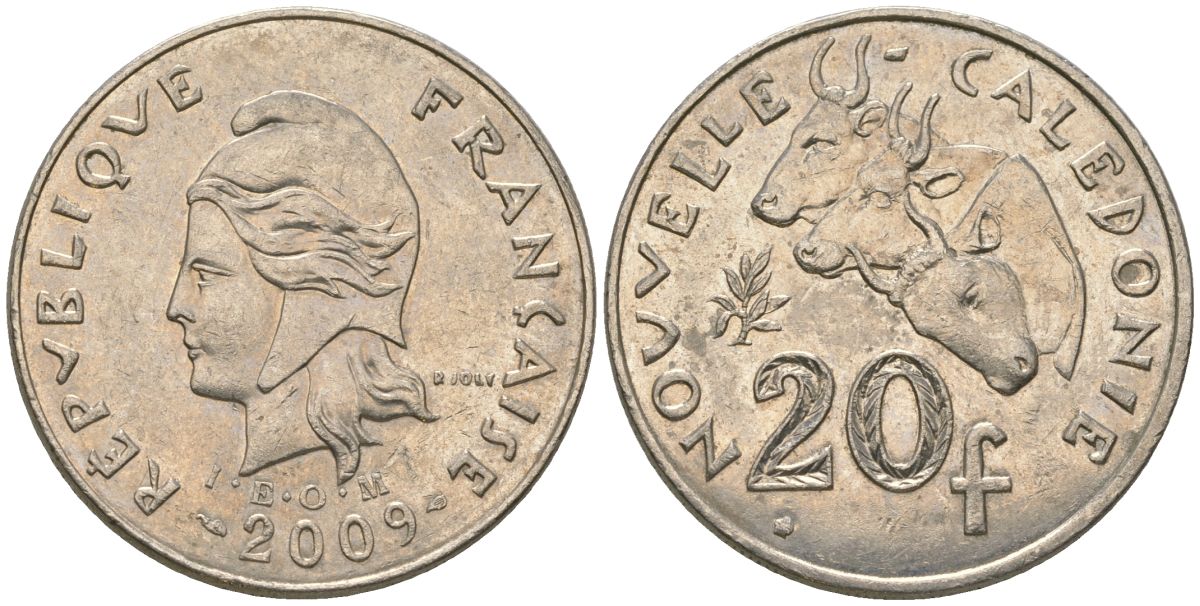 Французская Новая Каледония 20 франков 2009 три быка, (IEOM) KM 12a, Schoen 14a, Lec 115j медно-никель 82-1223