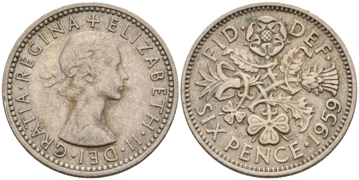 Великобритания 6 пенсов 1959 Елизавета II (1952-2022) KM 903, Spink 4149 медно-никель 4115-731