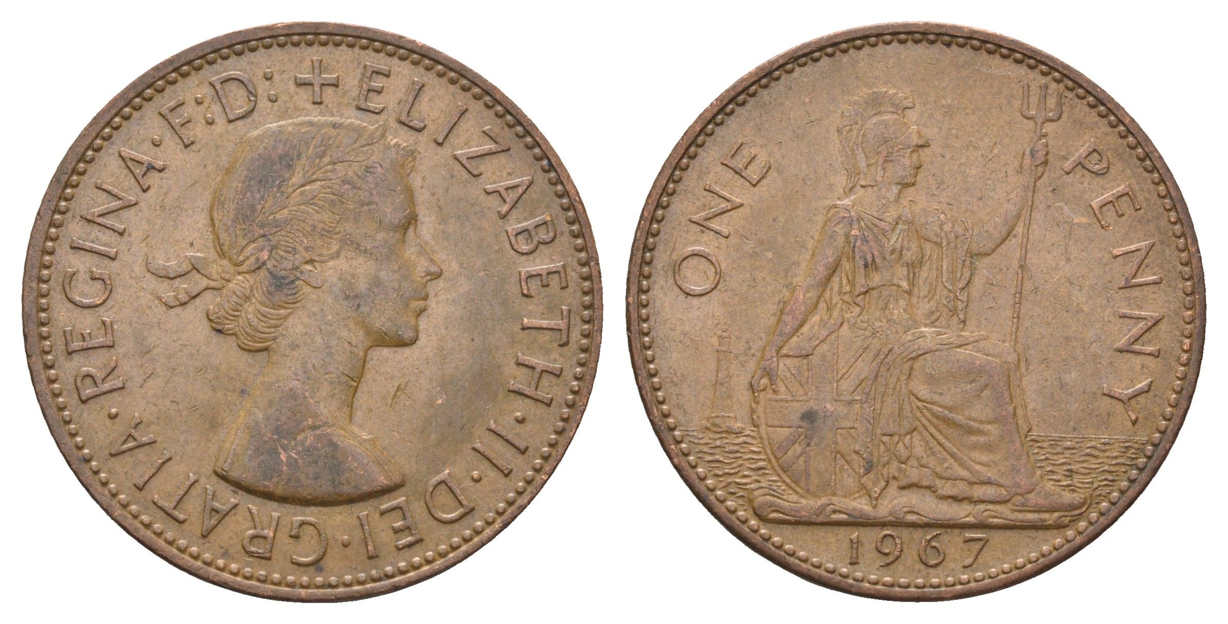 Великобритания 1 пенни 1967 Елизавета II (1952-2022) KM 897, Spink 4157 бронза 4661-1026