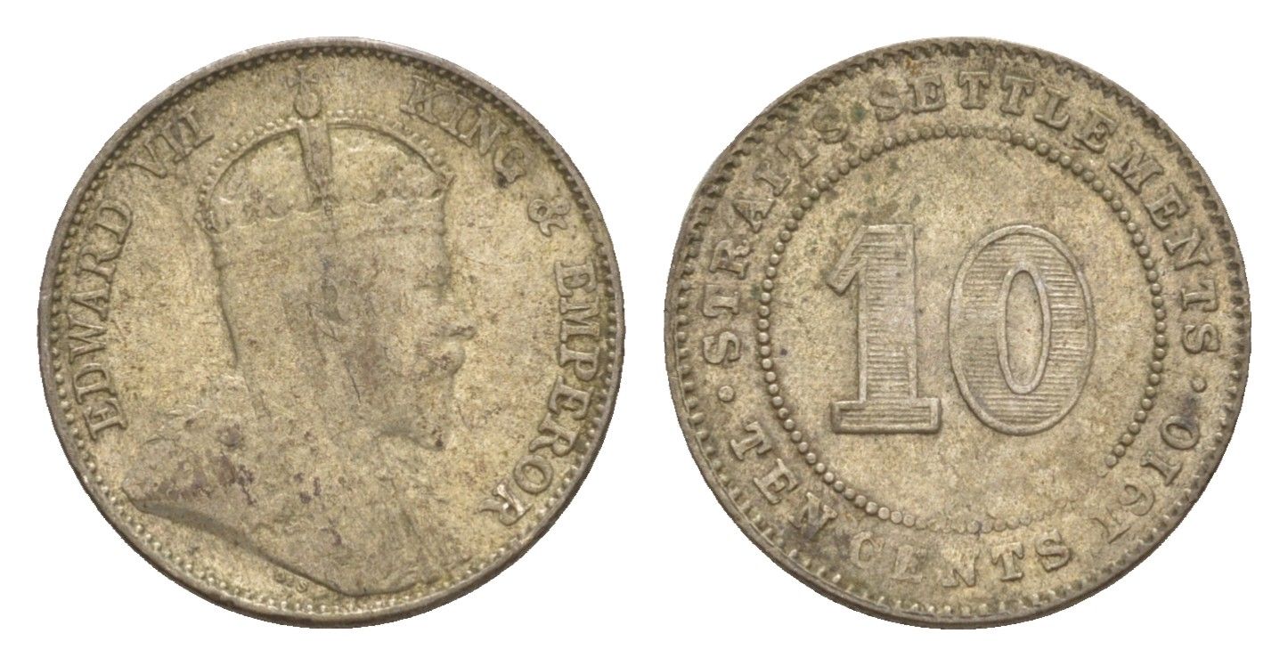 Стрейтс-Сетлментс (Стрейтс Сетлментс) 10 центов 1910 Эдуард VII (1901-1910) KM 21a серебро 1519-1142