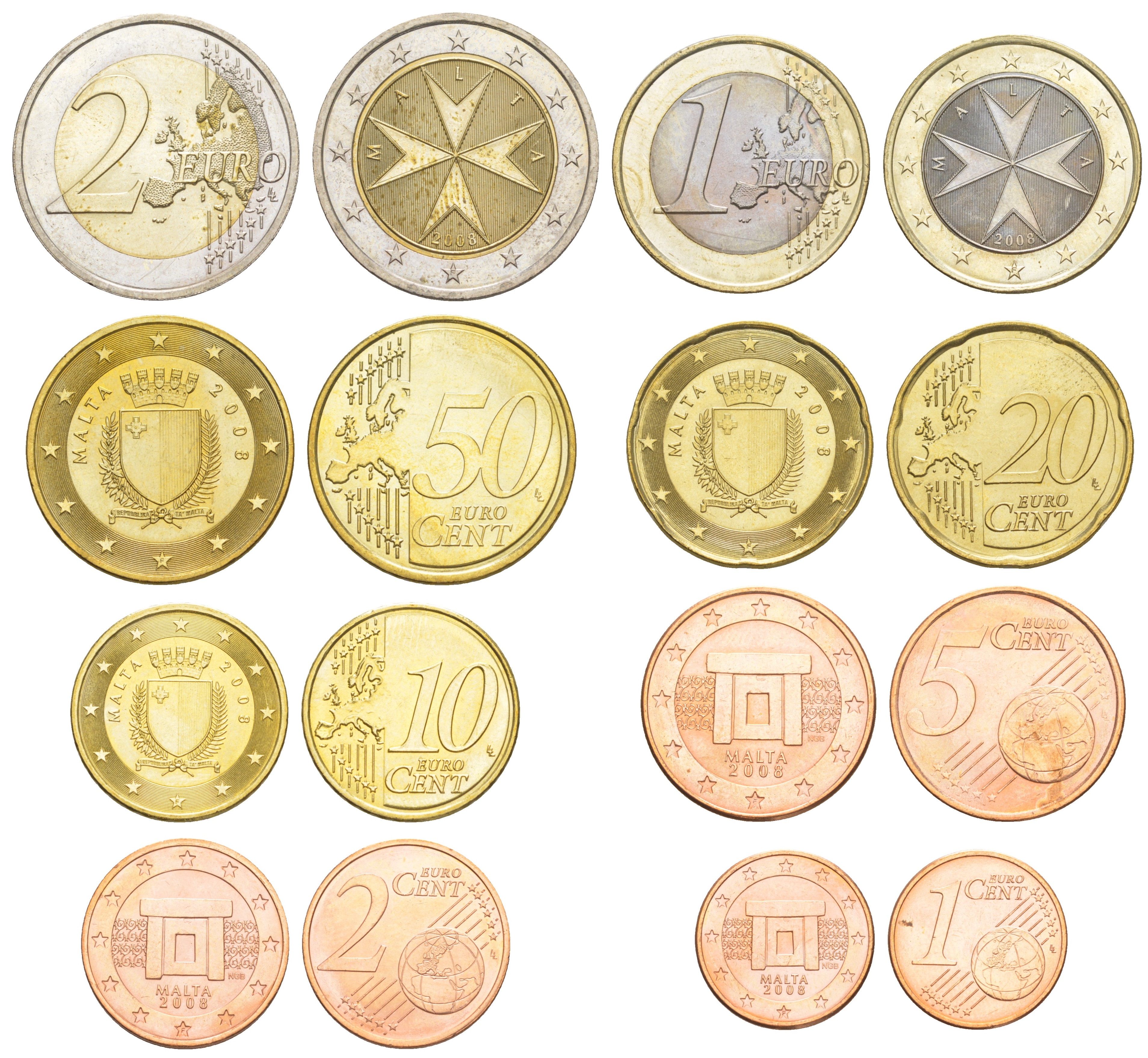 Мальта полный евронабор из 8 монет (1, 2, 5, 10, 20 и 50 евроцентов; 1 и 2 евро) 2008 KM 125, 126, 127, 128, 129, 130, 131 и 132 UNC 4648-1131-1137