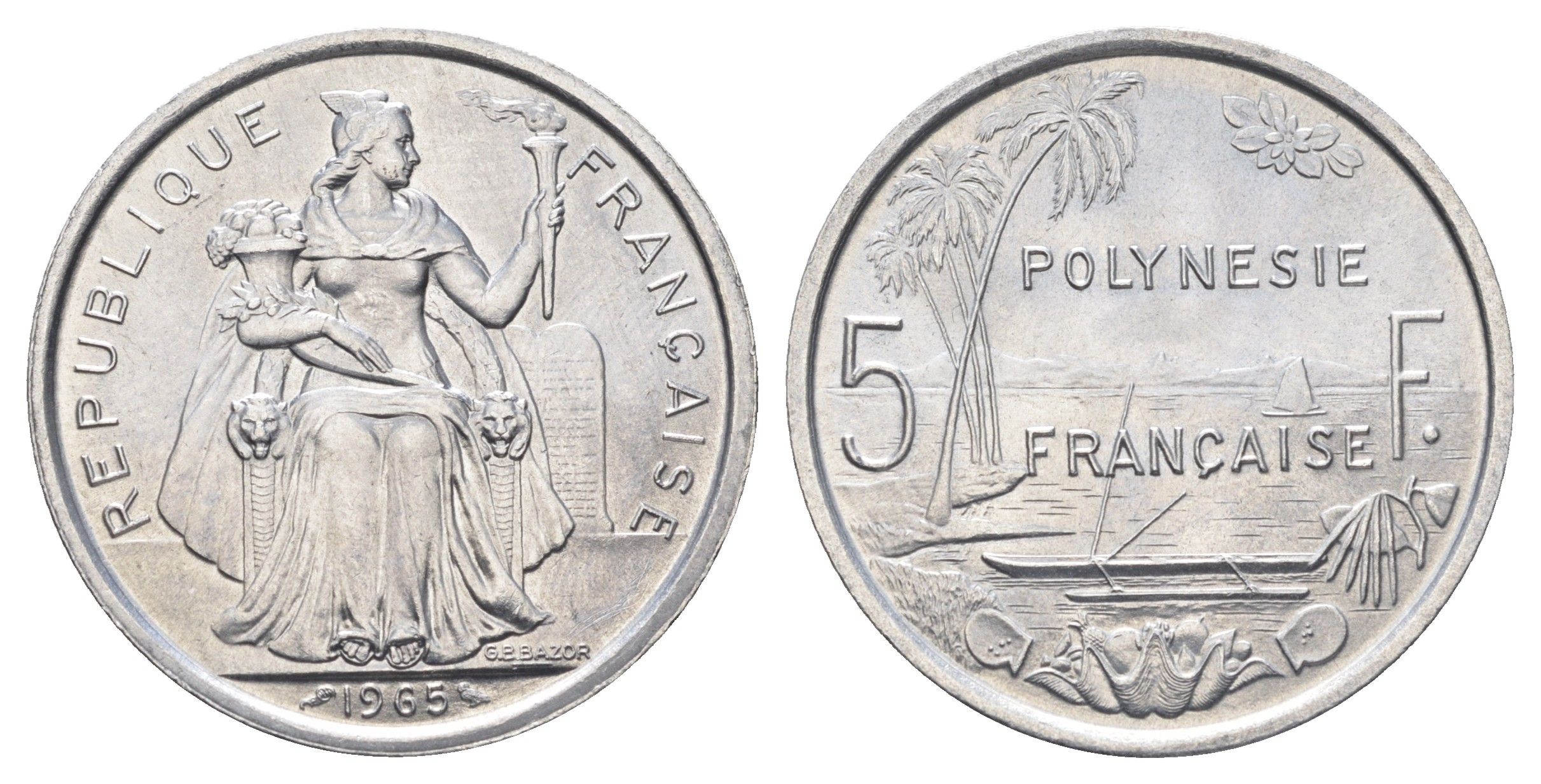 Французская Полинезия 5 франков 1965 год-тип KM 4 алюминий UNC 4667-532