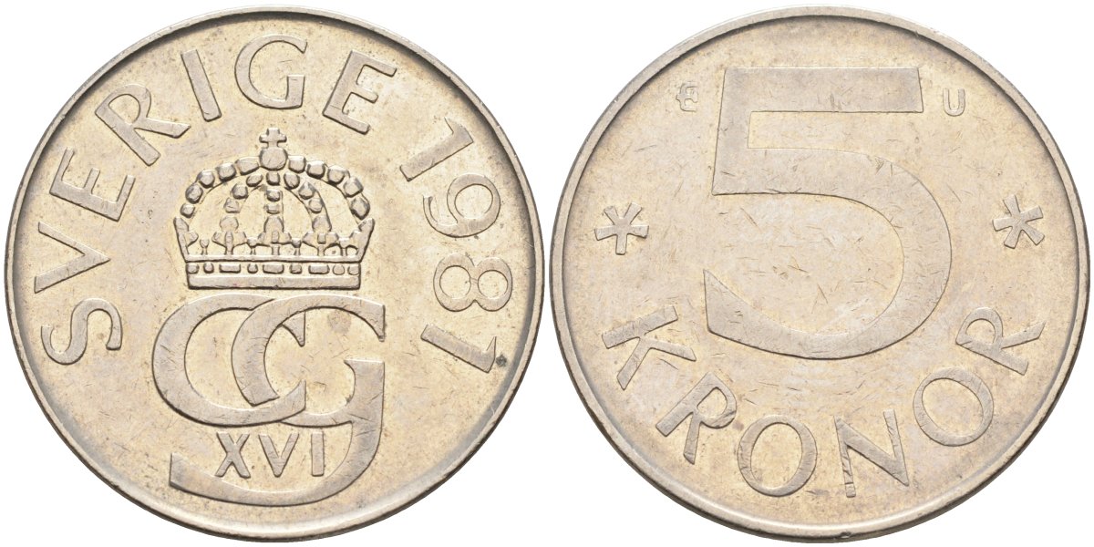 Швеция 5 крон 1981 Карл XVI Густав (1973- ) KM 853 медно-никель 4521-1212