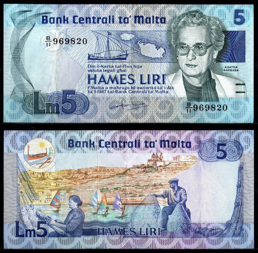 Мальта 5 лиры 1967 (1986) Pick 38 бумага 2198-20-1-2