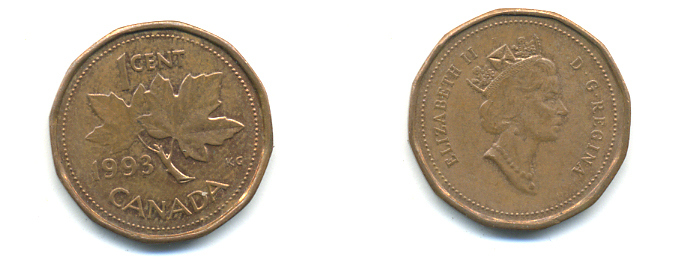 Канада 1 цент 1993 Елизавета II (1952-2022), кленовый лист KM 181 бронза 177-1437