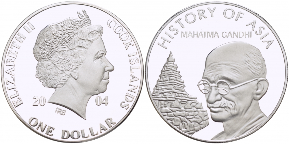 Острова Кука 1 доллар 2004 история Азии, Махатма Ганди KM 1156 медно-никель PROOF 01-233-22
