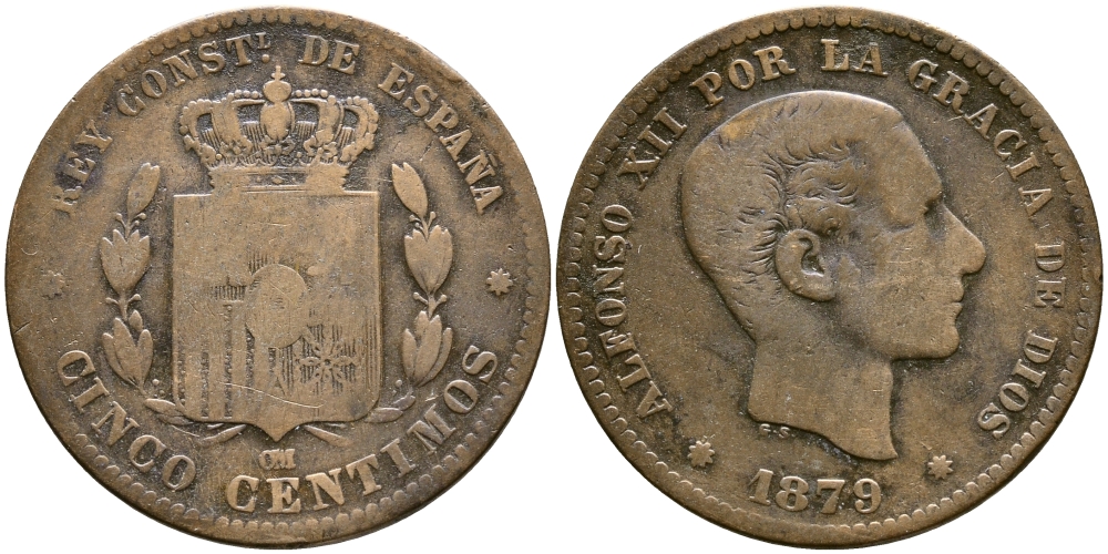 ИСПАНИЯ 5 СЕНТИМО 1879 ОМ, АЛЬФОНСО XII KM 674 бронза 3999-636