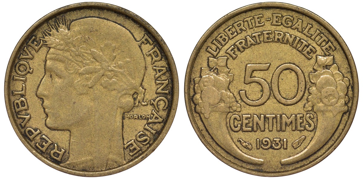 Франция 50 сантимов 1931 KM 894.1 алюминиевая бронза 4164-217