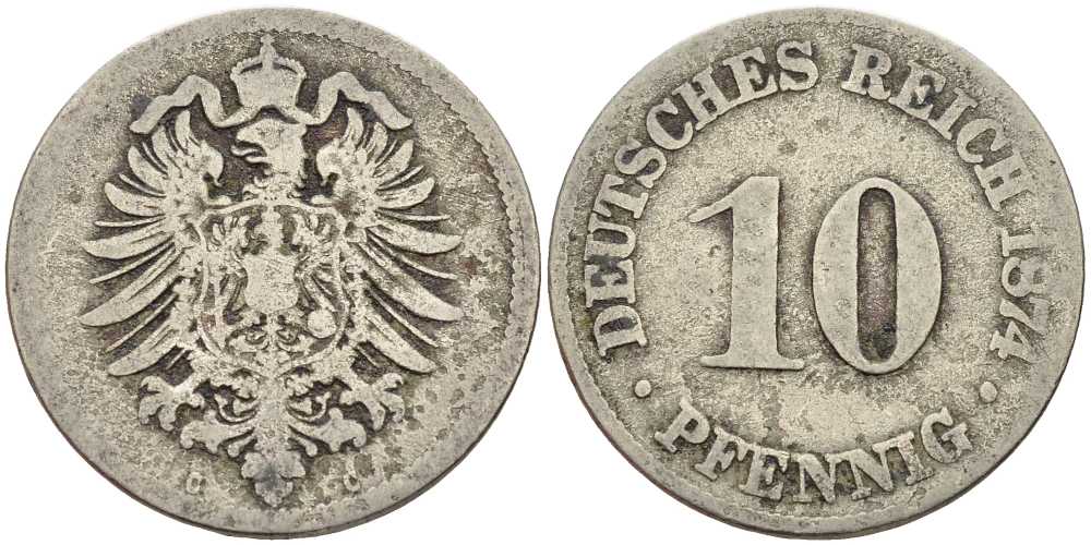 ГЕРМАНИЯ 10 ПФЕННИГОВ 1874 C, СТАРОГЕРБОВКА KM 4, J. 4 медно-никель 4401-236
