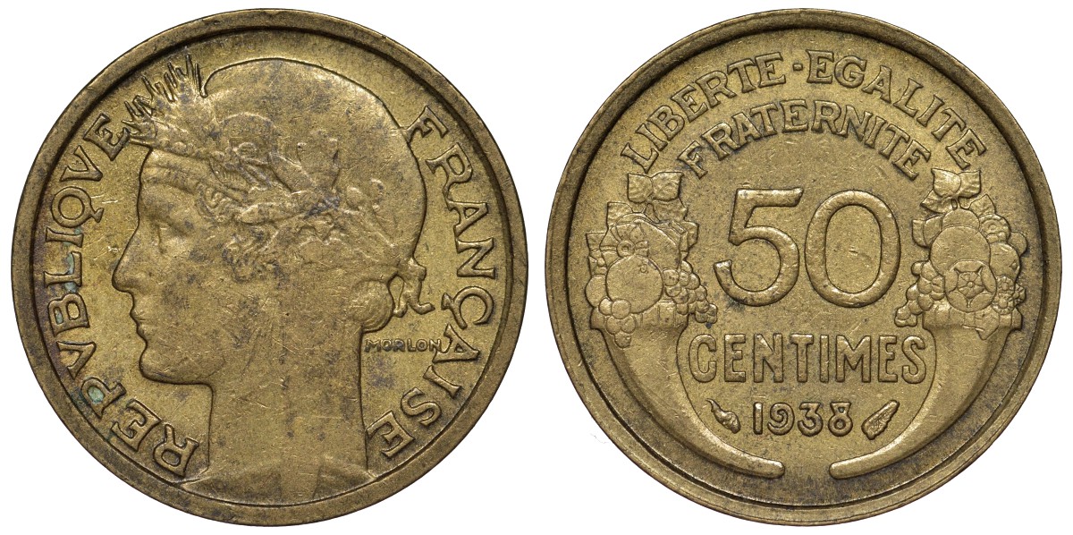 Франция 50 сантимов 1938 тип Morlon KM 894.1, Le Franc 192.14 алюминиевая бронза 4124-347