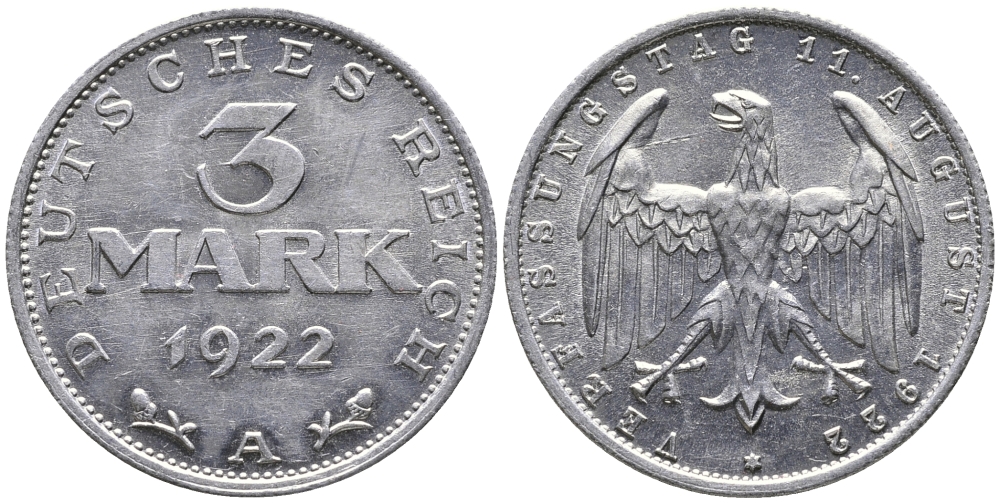 Германия 3 марки 1922 A, третья годовщина Веймарской Конституции KM 29, J. 303 алюминий 38-244