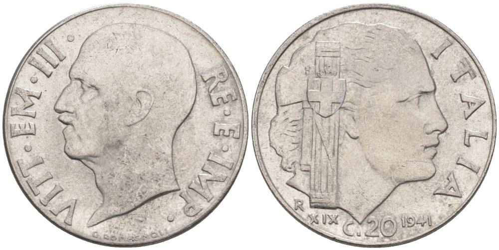 ИТАЛИЯ 20 ЧЕНТЕЗИМО 1941 R, ГОД XIX, ВИКТОР ЭММАНУИЛ III (1900-1946) KM 75b, VEM3. 1028 нержавеющая сталь 3853-652