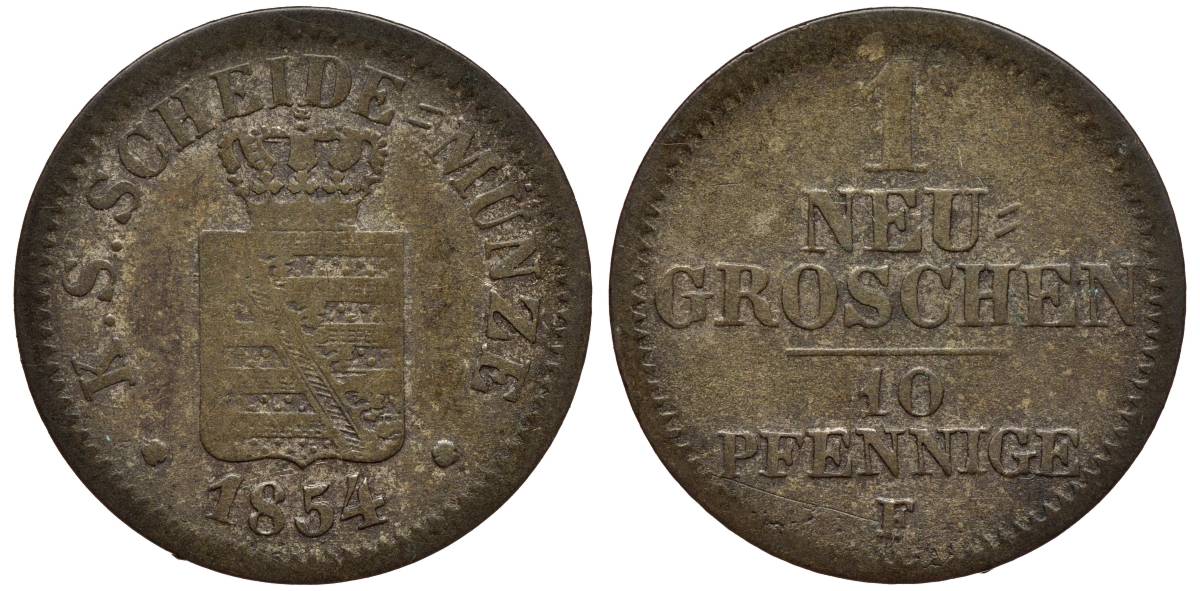 Саксония 1 новый грош - 10 пфеннигов 1854 Фридрих Август II (1797-1854) KM 1159, J. 82 серебро 75-133