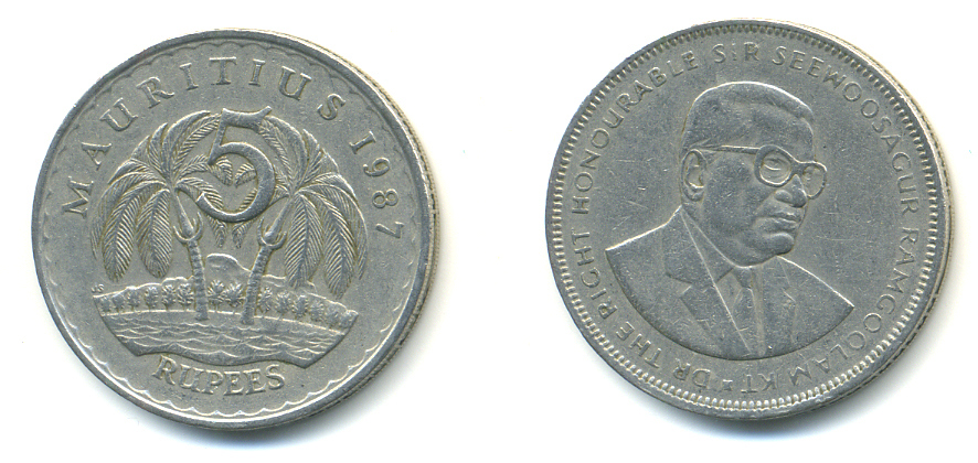 Маврикий 5 рупий 1987 Сивусагур Рамгулам KM 56 медно-никель 179-115