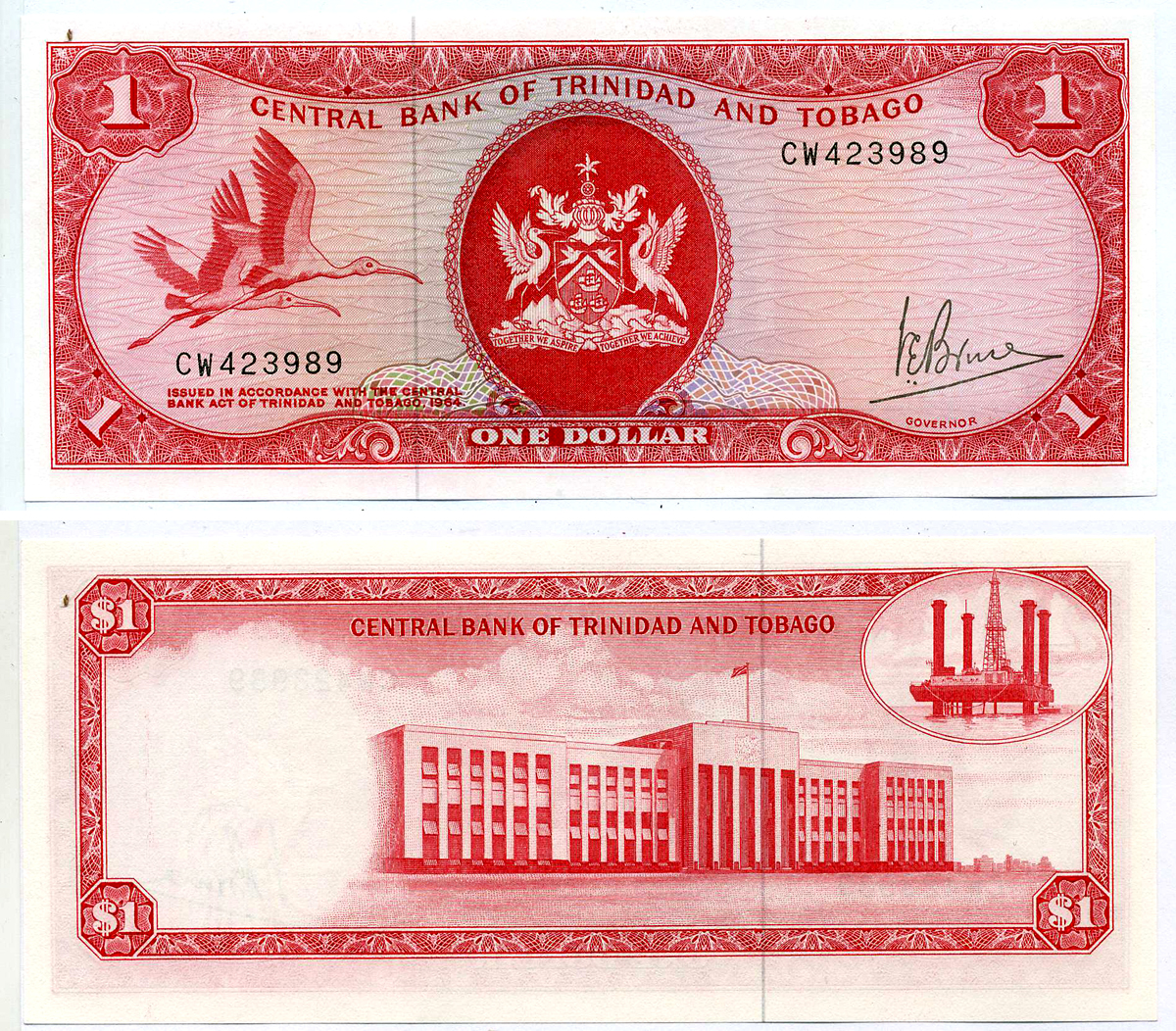 Тринидад и Тобаго 1 доллар 1977 подпись V. E. Bruce Pick 30 а бумага UNC (пресс) 2197-13-1-1