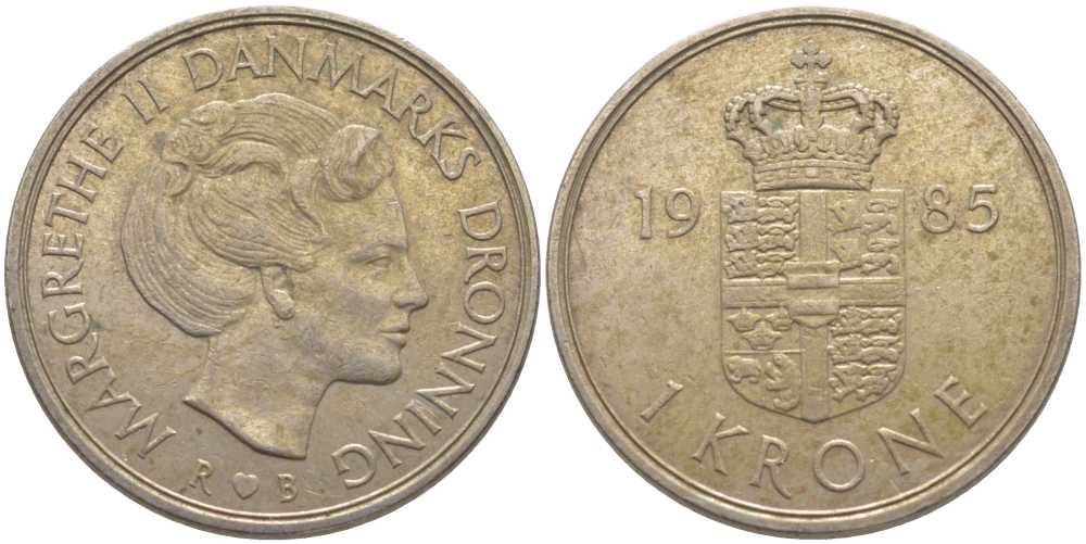 Дания 1 крона 1985 R;B, Маргрете II (1972-) KM 862.3 медно-никель 113-922