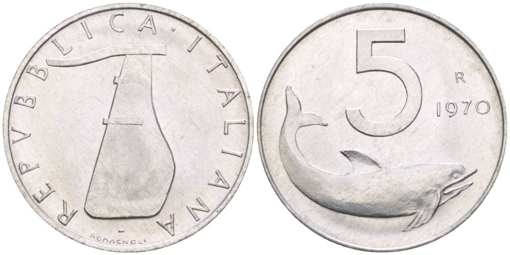 ИТАЛИЯ 5 ЛИР 1970 R, ДЕЛЬФИН, РУЛЬ KM 92 алюминий UNC 4551-123