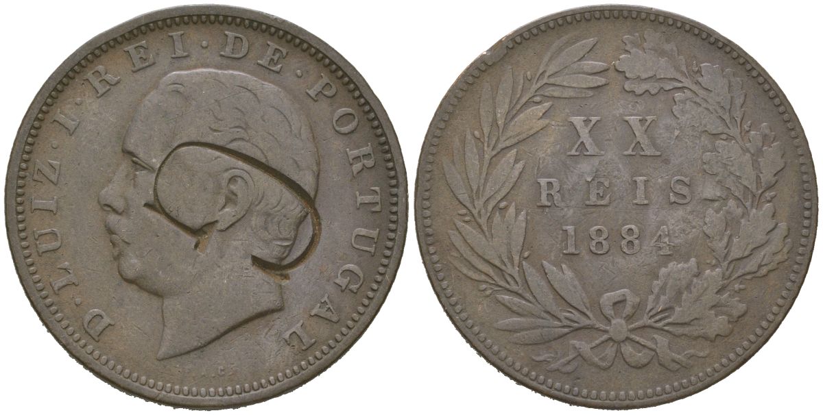 Португалия 20 реалов 1884 Луиш I (1861-1889) KM 527 бронза 4512-914